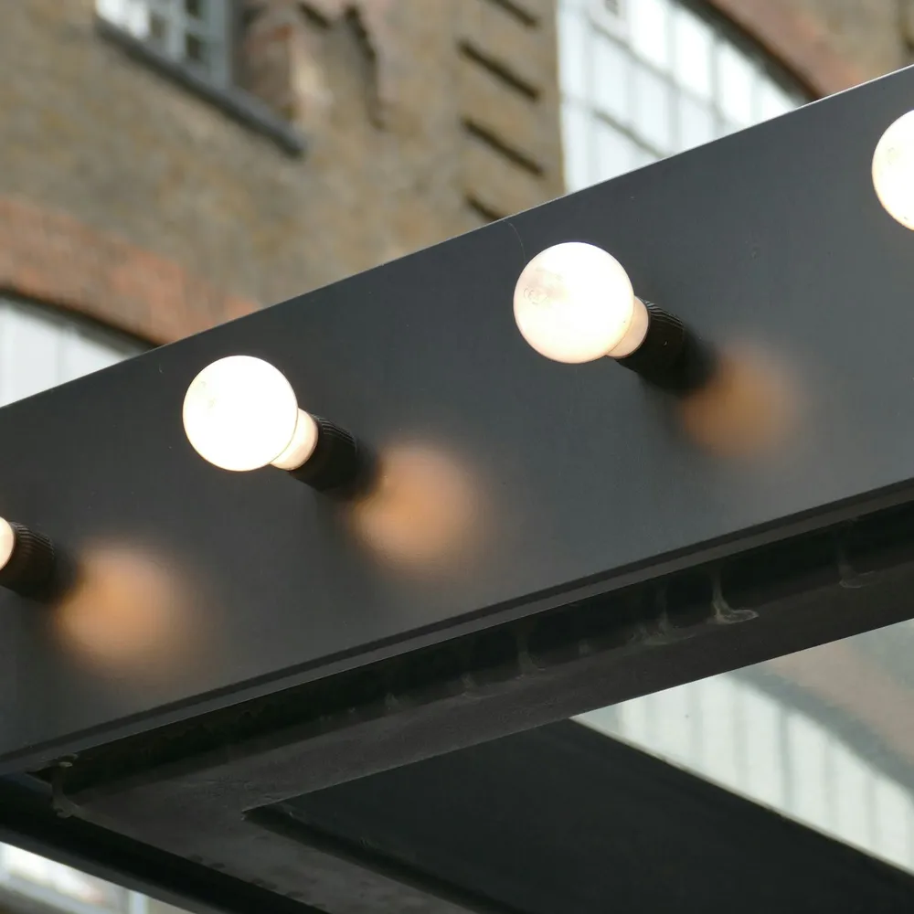 A row of warm dressing-room mirror bulbs